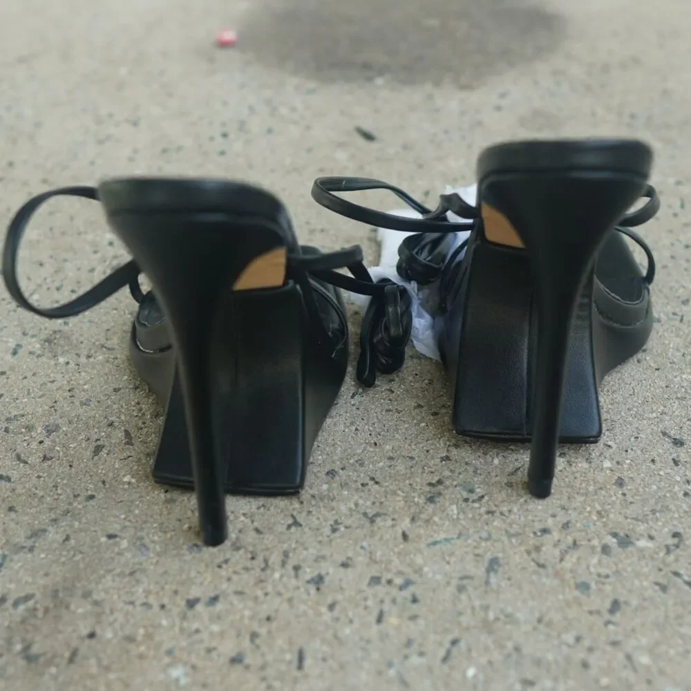 EGO Black Strappy Lace Up Ankle Wrap Stiletto Heels Square Toe UK 5 US 7 EU 38